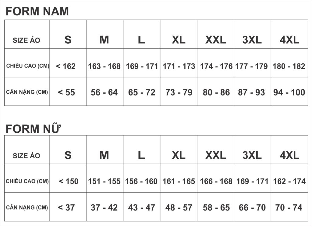 Size Áo Thun ĐỒng PhỤc